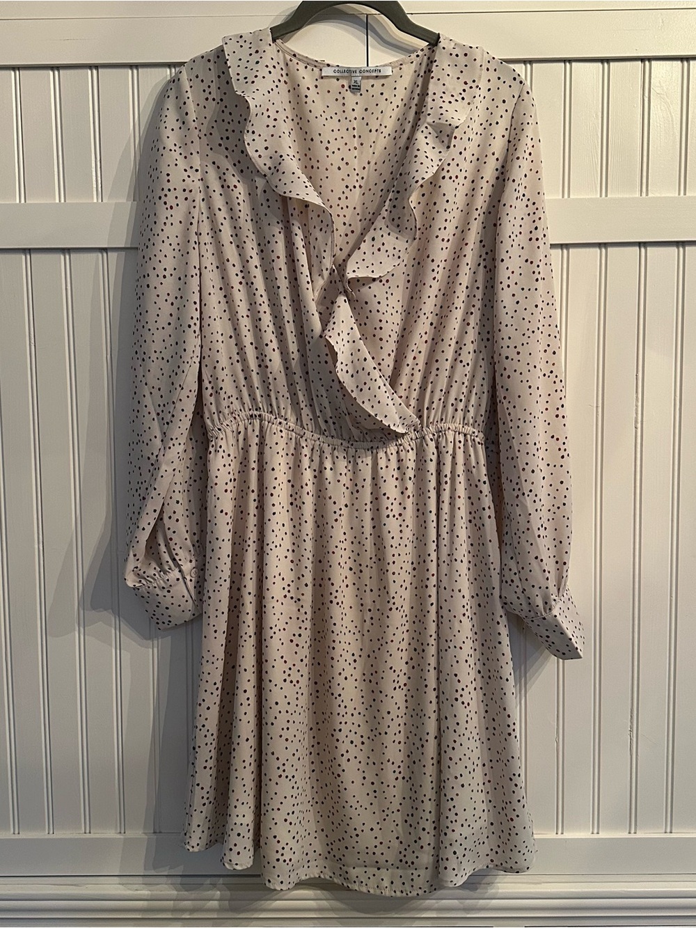 Collective Concepts Cream Long-Sleeve Polka Dot Ruffle Wrap Dress